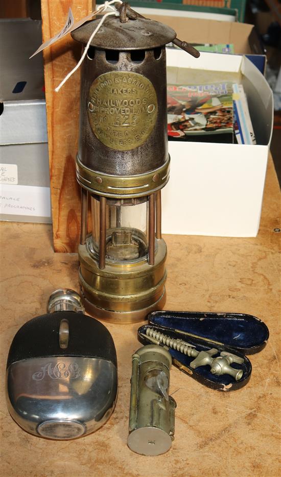 Lantern, champagne tap, storm lighter & flask